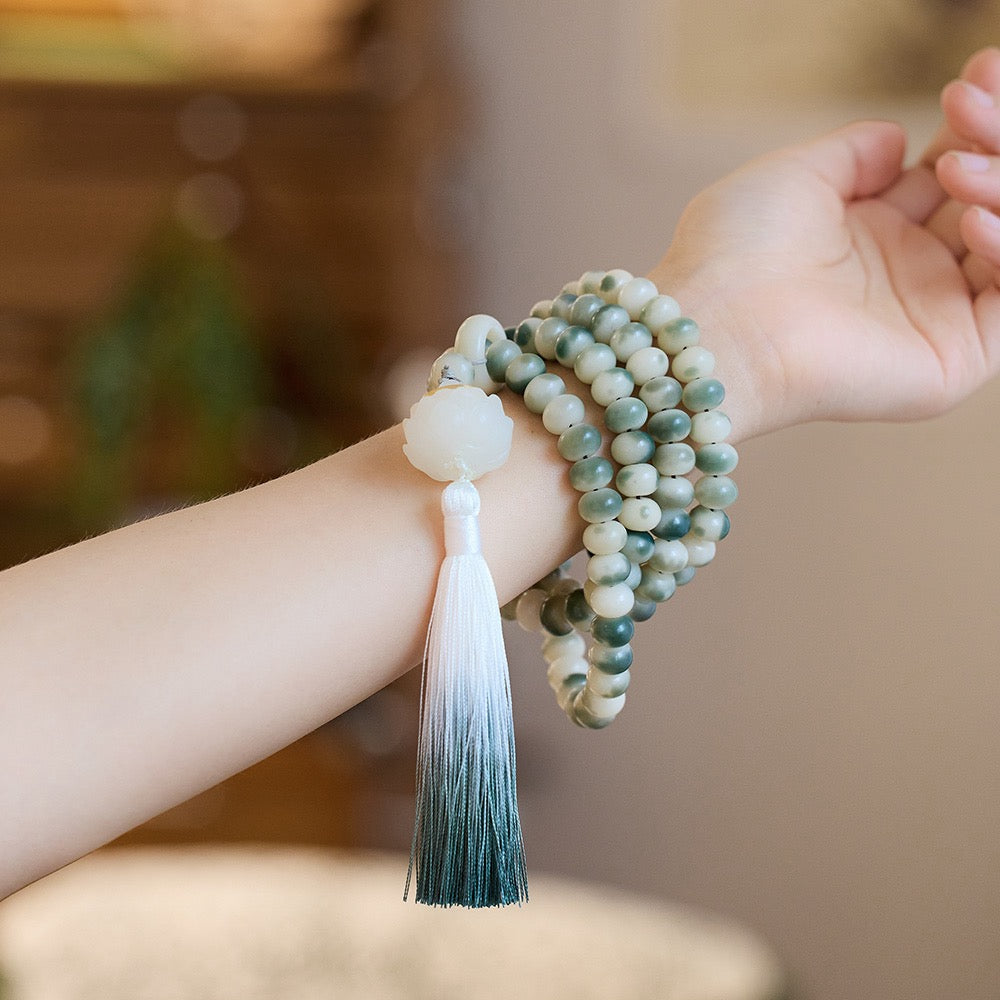 108-Bead White Jade Bodhi Necklace | Floral Pattern & Luminous Stone Lotus Charm