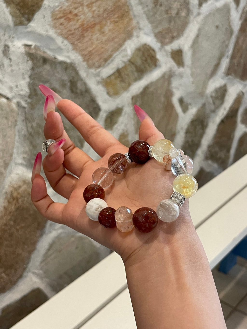 Sunset Glow Crystal Bracelet | Red & Yellow Agate Flower, Clear Quartz & Snow Phantom | 13–16mm