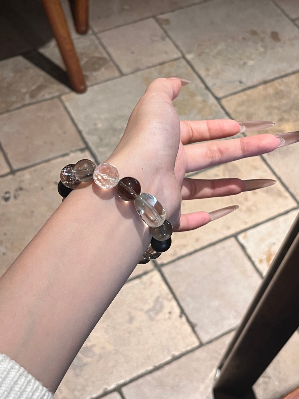 Smoky Quartz, Agarwood, Clear Quartz & Gold-Foil Resin Flower Crystal Bracelet | 12–13mm