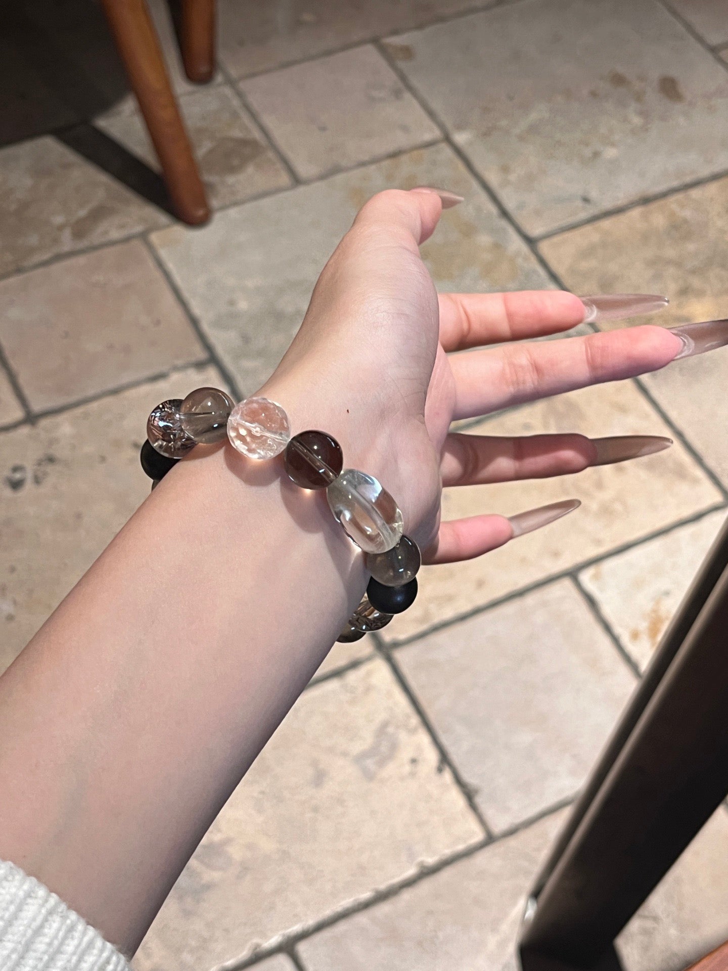 Smoky Quartz, Agarwood, Clear Quartz & Gold-Foil Resin Flower Crystal Bracelet | 12–13mm