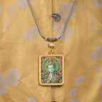 Titanium Frame Gemstone & Mineral Gold-Painted Thangka Necklace with Enamel Lotus (4x5mm, Handmade Cord)