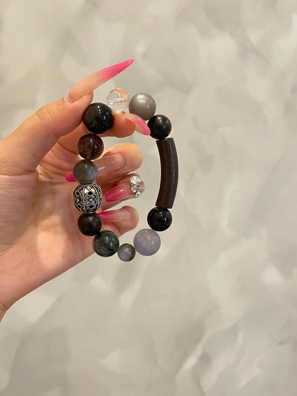 Moonlit Woods Crystal Bracelet | Sandalwood, Moonstone, Black Rutilated Quartz, Obsidian, Fluorite & Clear Quartz | 8–14mm