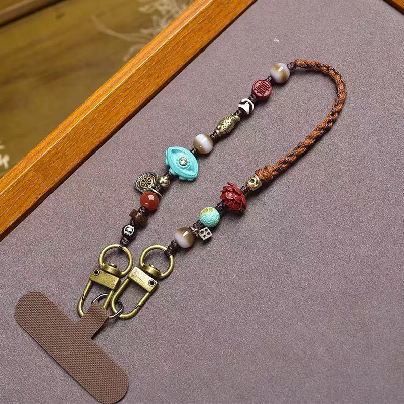 Handmade Woven Phone Charm | Turquoise, Cinnabar, Agate & Dzi Bead with Buddha and Bear Pendant
