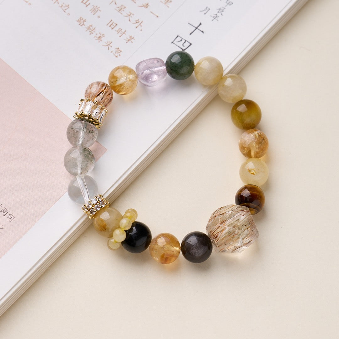 Chakra Energy Bracelet | Black Gold Super Seven & Multi-Crystal Beads with Rutilated Quartz