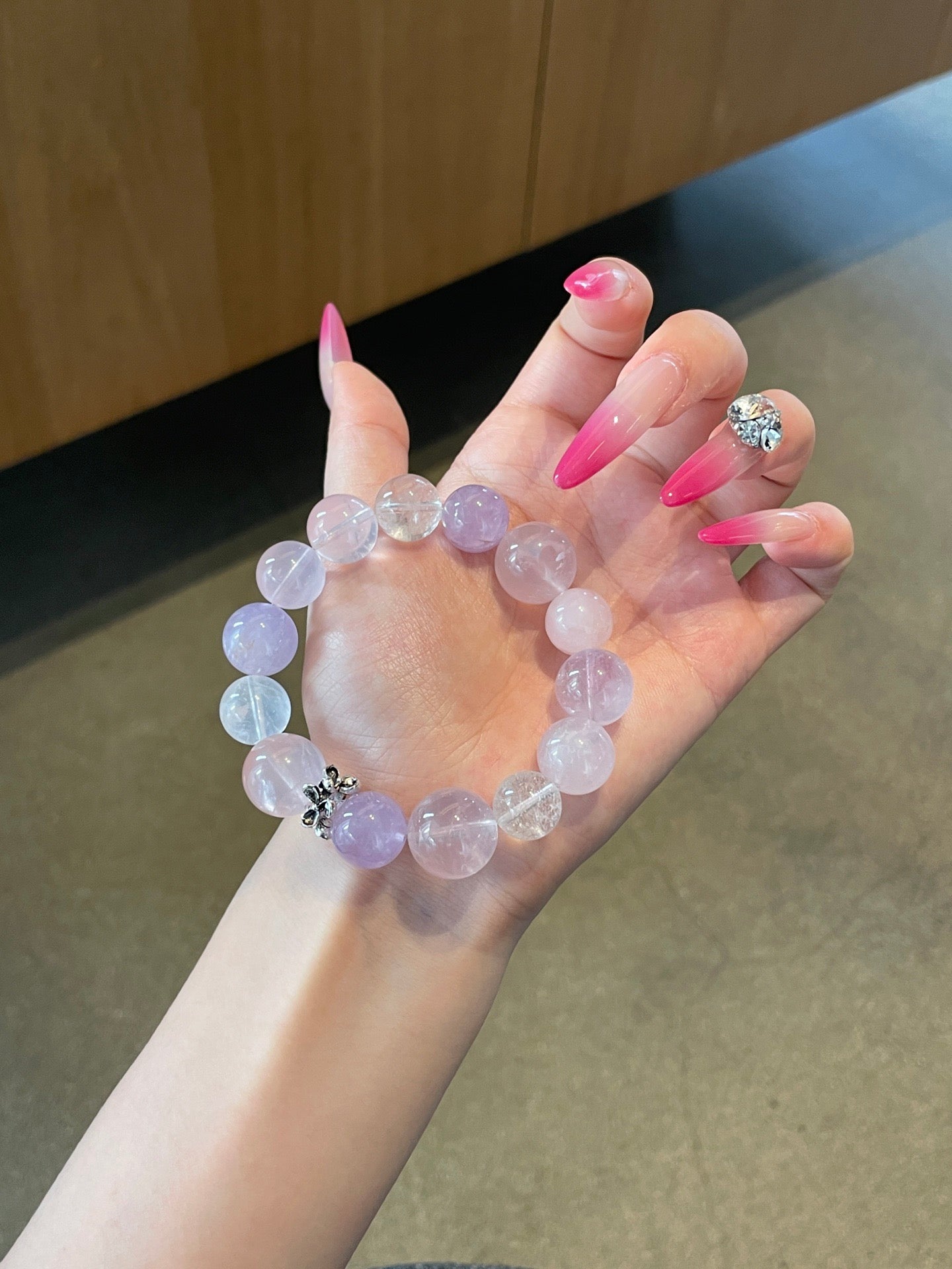 Violet Rain – Amethyst, Rose Quartz & White Phantom Quartz Bracelet