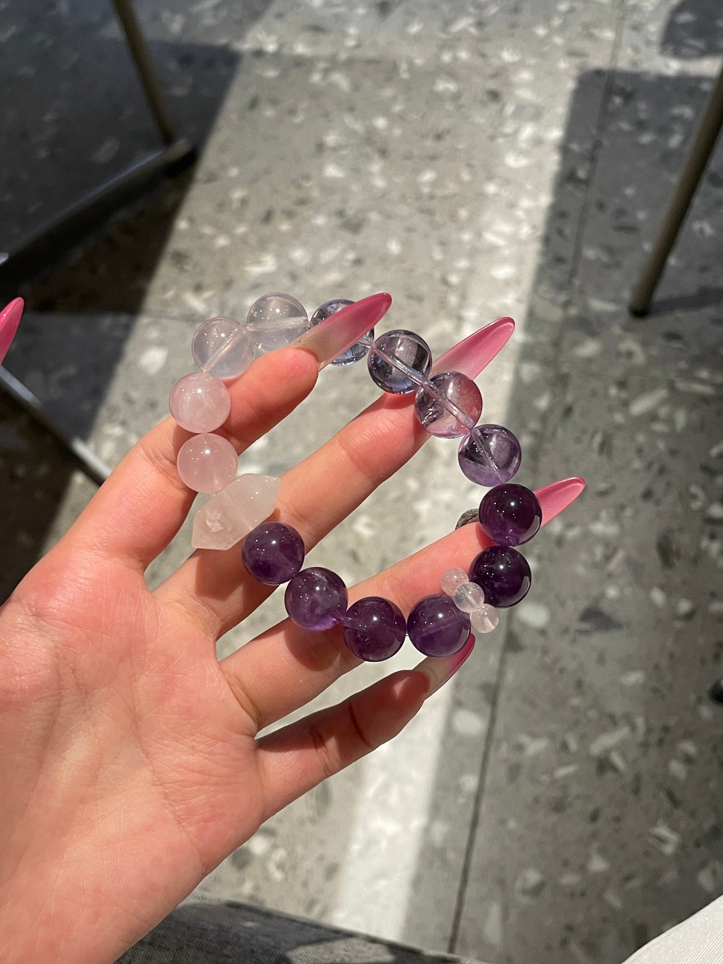 Amethyst Rose Glass Bracelet | Rose Quartz, Milky Quartz & Amethyst | 12mm