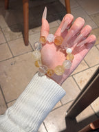 Autumn Vibe Crystal Bracelet | Golden Resin Flower, White Phantom, White Agate, Yellow Tower Quartz, Clear Quartz & White Shell Pearl | 10–18mm