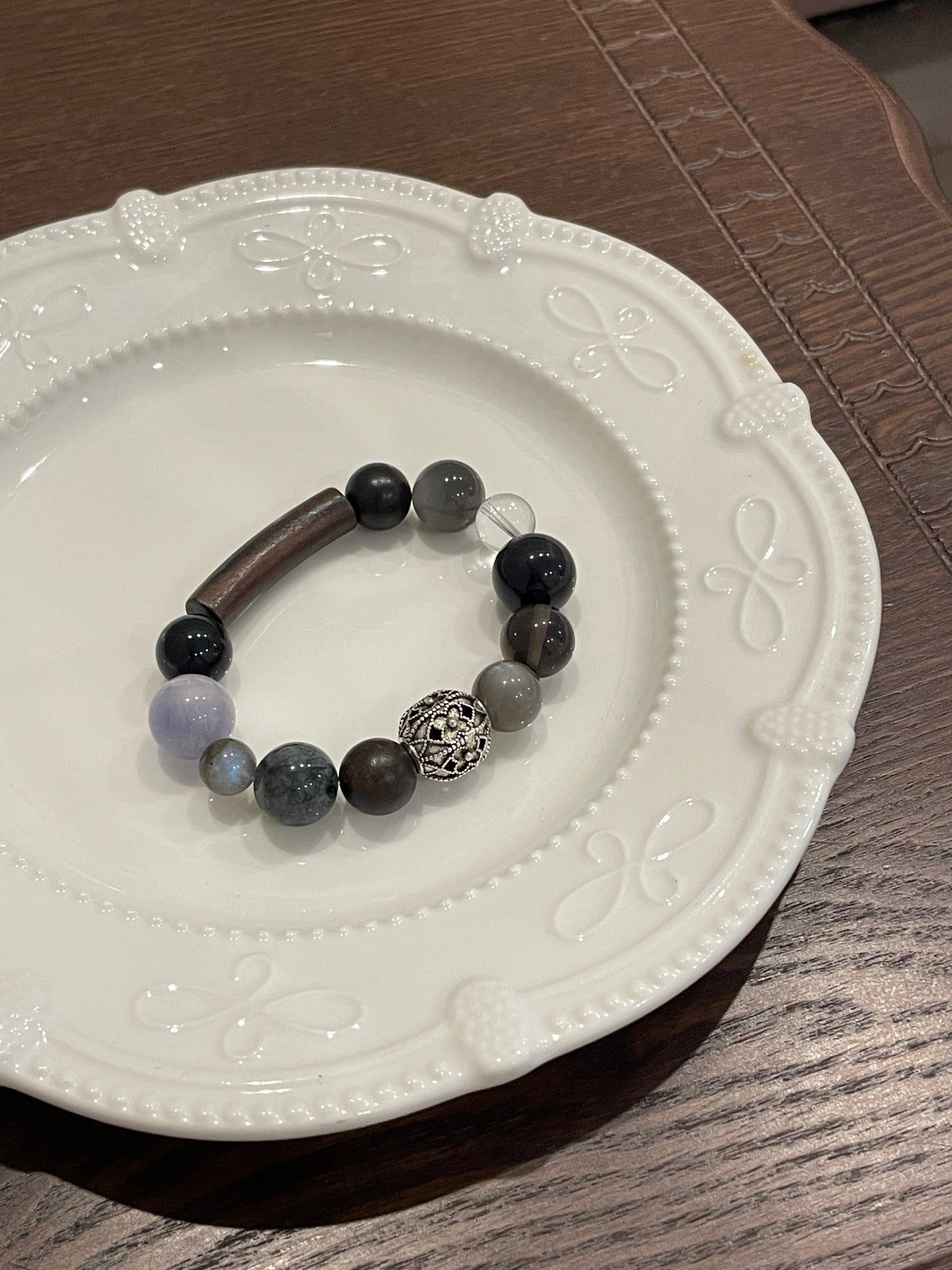 Moonlit Woods Crystal Bracelet | Sandalwood, Moonstone, Black Rutilated Quartz, Obsidian, Fluorite & Clear Quartz | 8–14mm