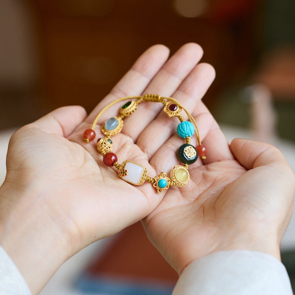Multi-Gemstone Woven Bracelet | White Jade Flower Edition | Tourmaline, Aquamarine, Garnet & Amber with 925 Silver Charms
