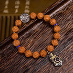 Natural Bodhi Seed Bracelet | Carved Monkey Head Prayer Beads with Silver Inlay, Agate & Clear Quartz Accent
