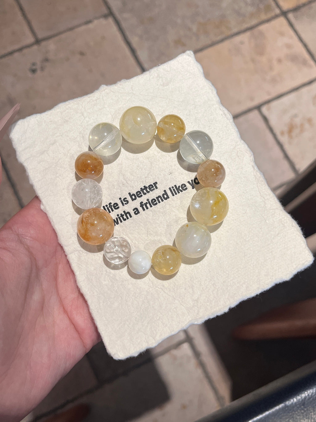 Autumn Vibe Crystal Bracelet | Golden Resin Flower, White Phantom, White Agate, Yellow Tower Quartz, Clear Quartz & White Shell Pearl | 10–18mm