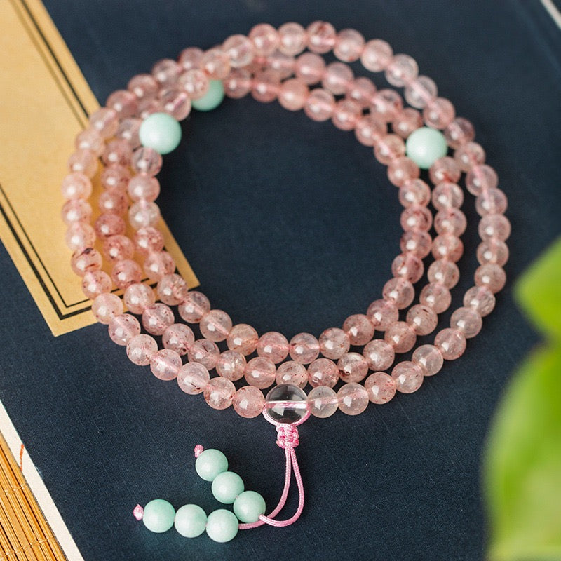 Natural Rose Quartz 6 mm 108 Beads Mala Bracelet Necklace| Multi-Layer Strawberry Quartz Handcrafted Jewelry, Romantic Birthday & Valentine’s Gift