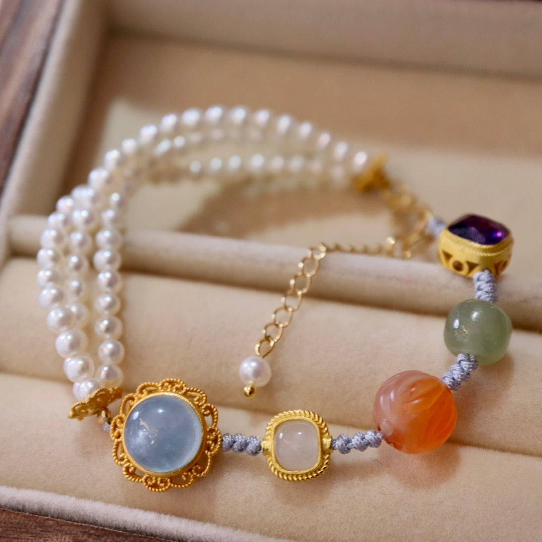 Multi-Gemstone Braided Bracelet | Freshwater Pearl, Aquamarine & Hetian Jade