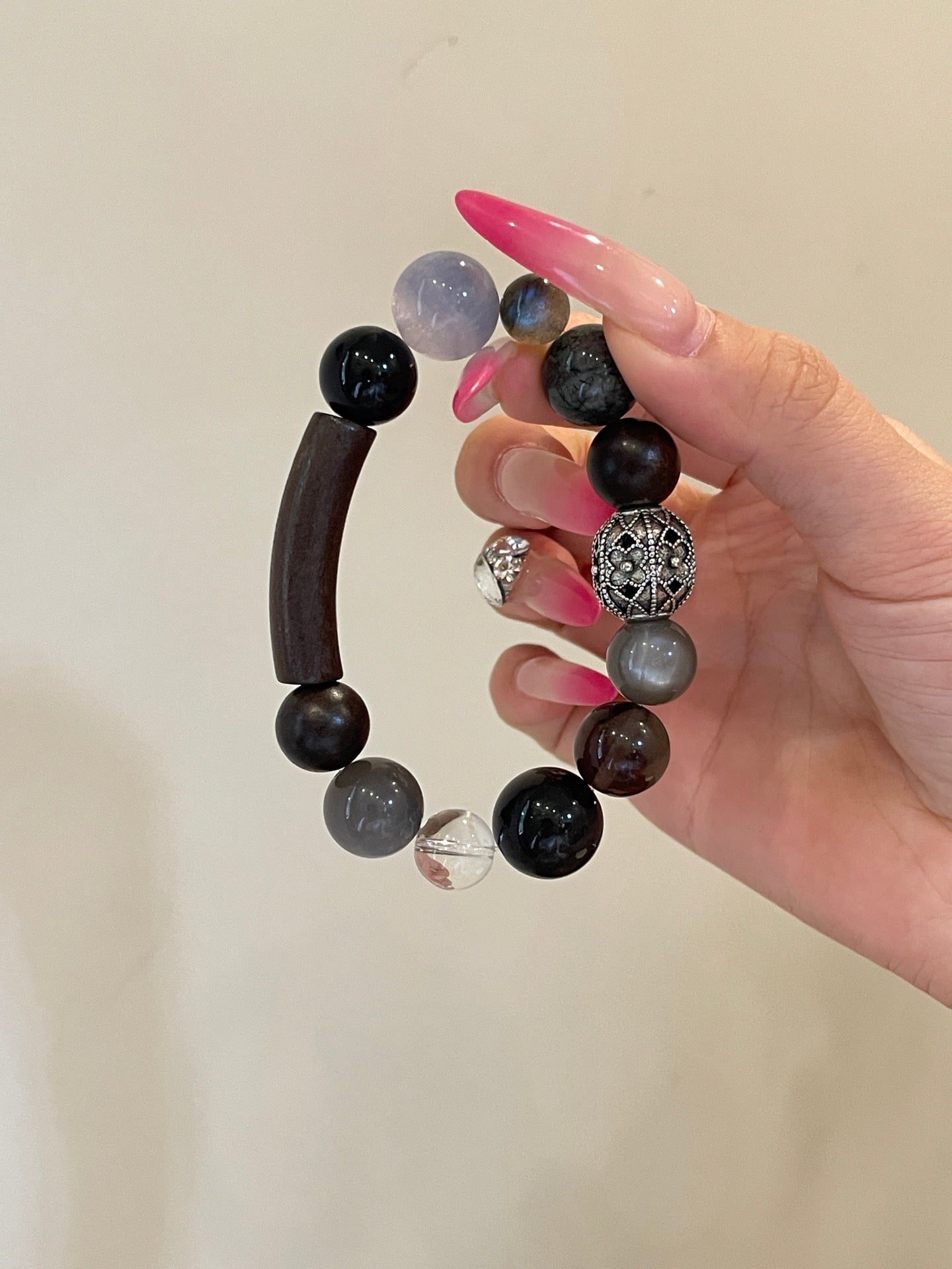 Moonlit Woods Crystal Bracelet | Sandalwood, Moonstone, Black Rutilated Quartz, Obsidian, Fluorite & Clear Quartz | 8–14mm