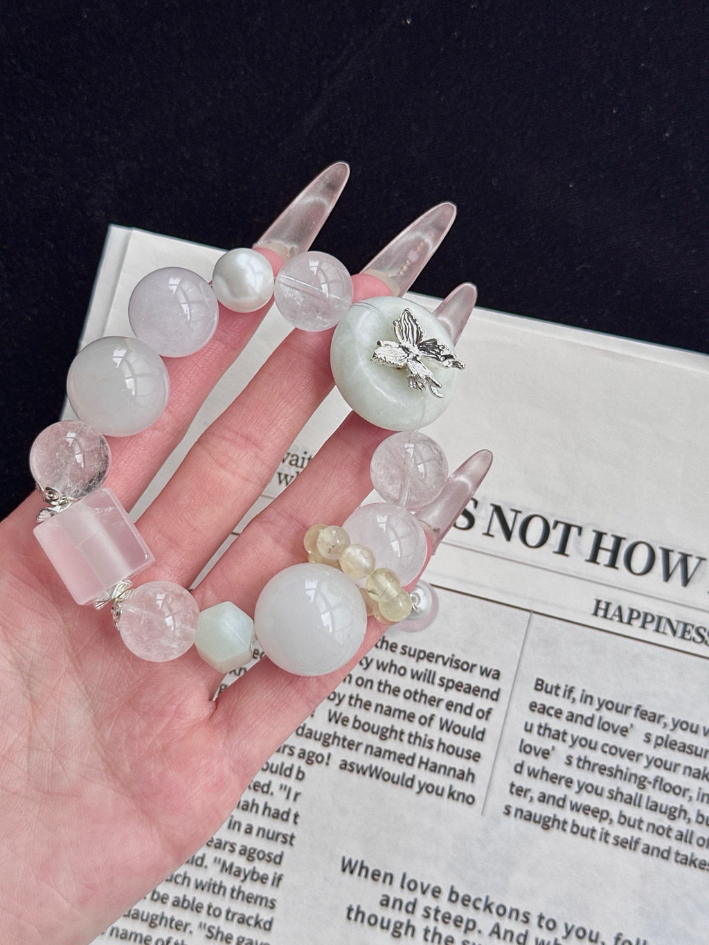 Snow Butterfly – White Crystal, White Phantom & Tianshan Jade Crystal Bracelet