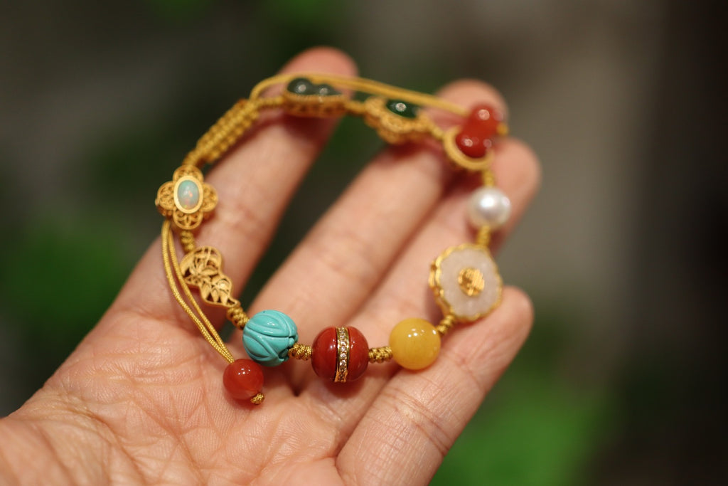 Multi-Gemstone Bracelet | Red Agate, Jade, Pearl & Amber with 925 Gold-Plated Charms