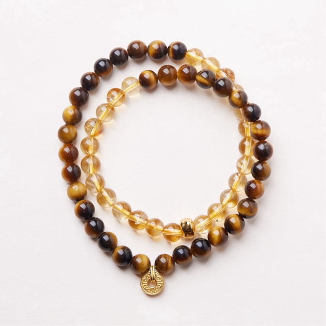 “Golden Sunrise” 6mm Tiger Eye & Yellow Agate Double-Layer Bracelet