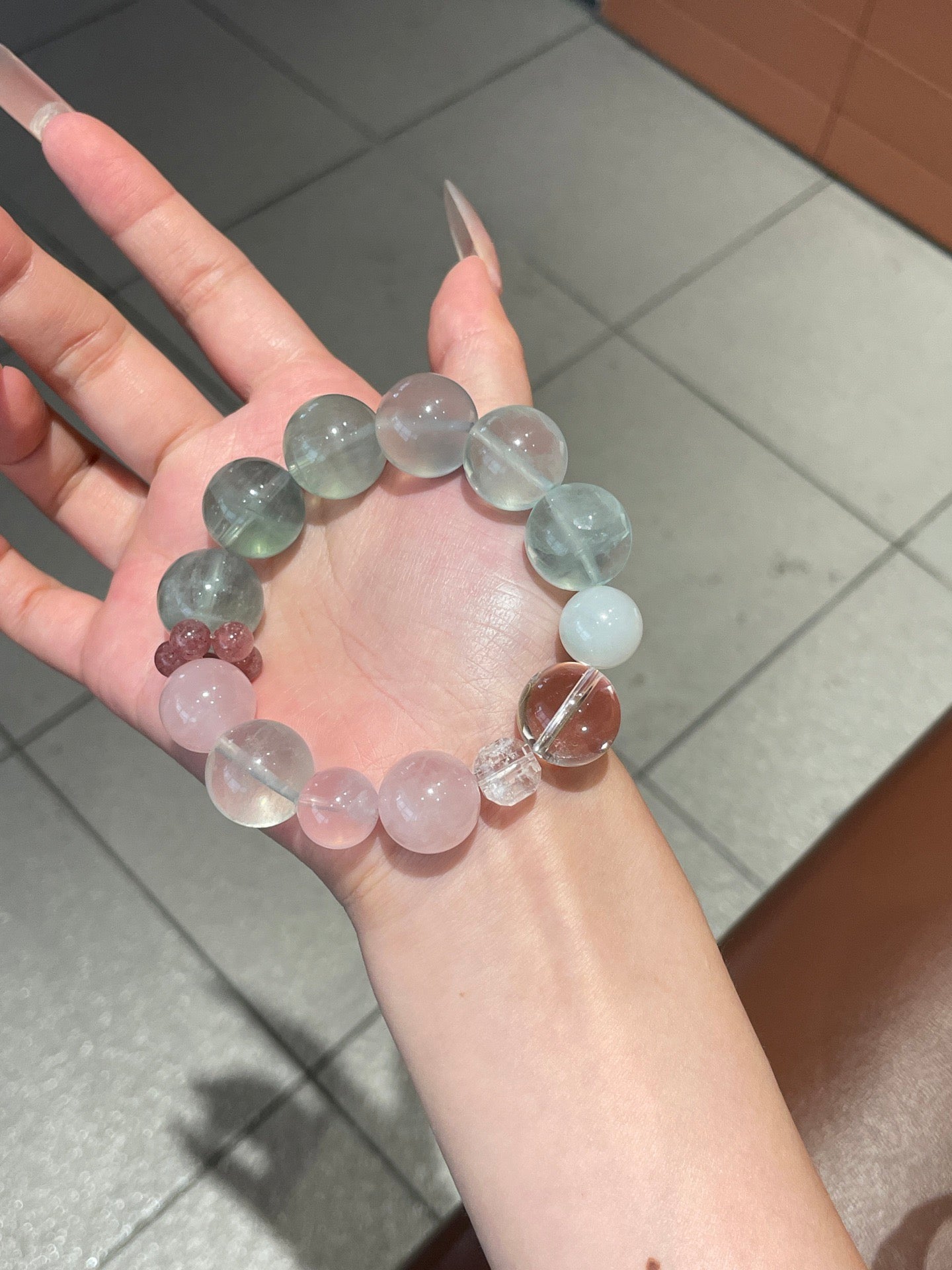 Summer Garden Crystal Bracelet | Fluorite, Rose Quartz, Clear Quartz, Strawberry Quartz & Ice Jade | 12–15mm