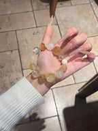 Autumn Vibe Crystal Bracelet | Golden Resin Flower, White Phantom, White Agate, Yellow Tower Quartz, Clear Quartz & White Shell Pearl | 10–18mm