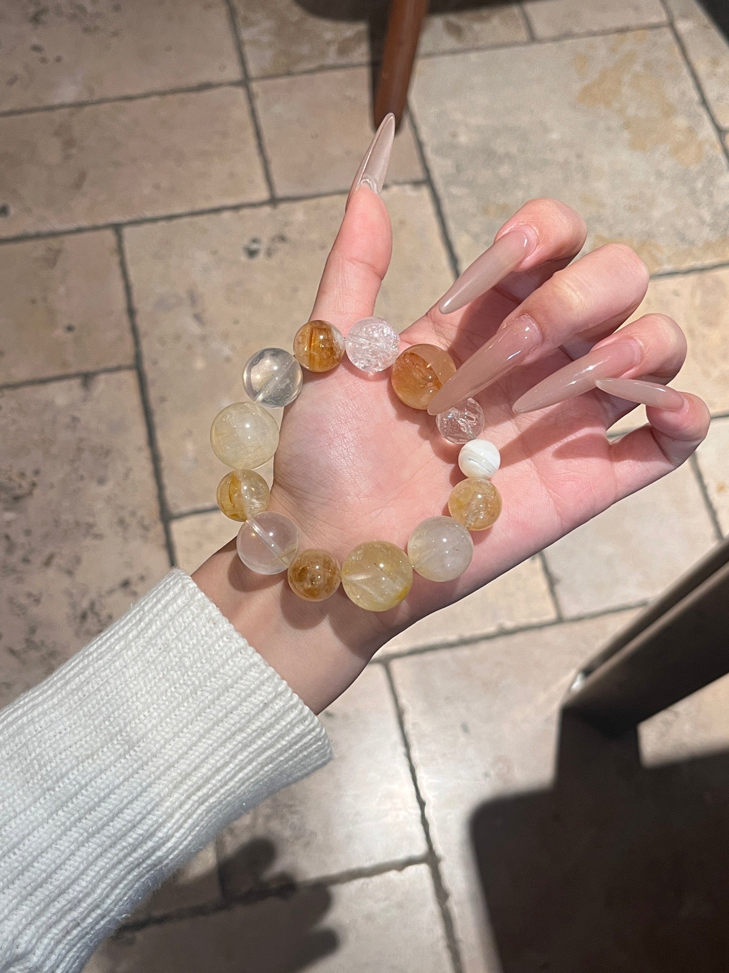 Autumn Vibe Crystal Bracelet | Golden Resin Flower, White Phantom, White Agate, Yellow Tower Quartz, Clear Quartz & White Shell Pearl | 10–18mm