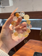 Autumn Vibe Crystal Bracelet | Golden Resin Flower, White Phantom, White Agate, Yellow Tower Quartz, Clear Quartz & White Shell Pearl | 10–18mm