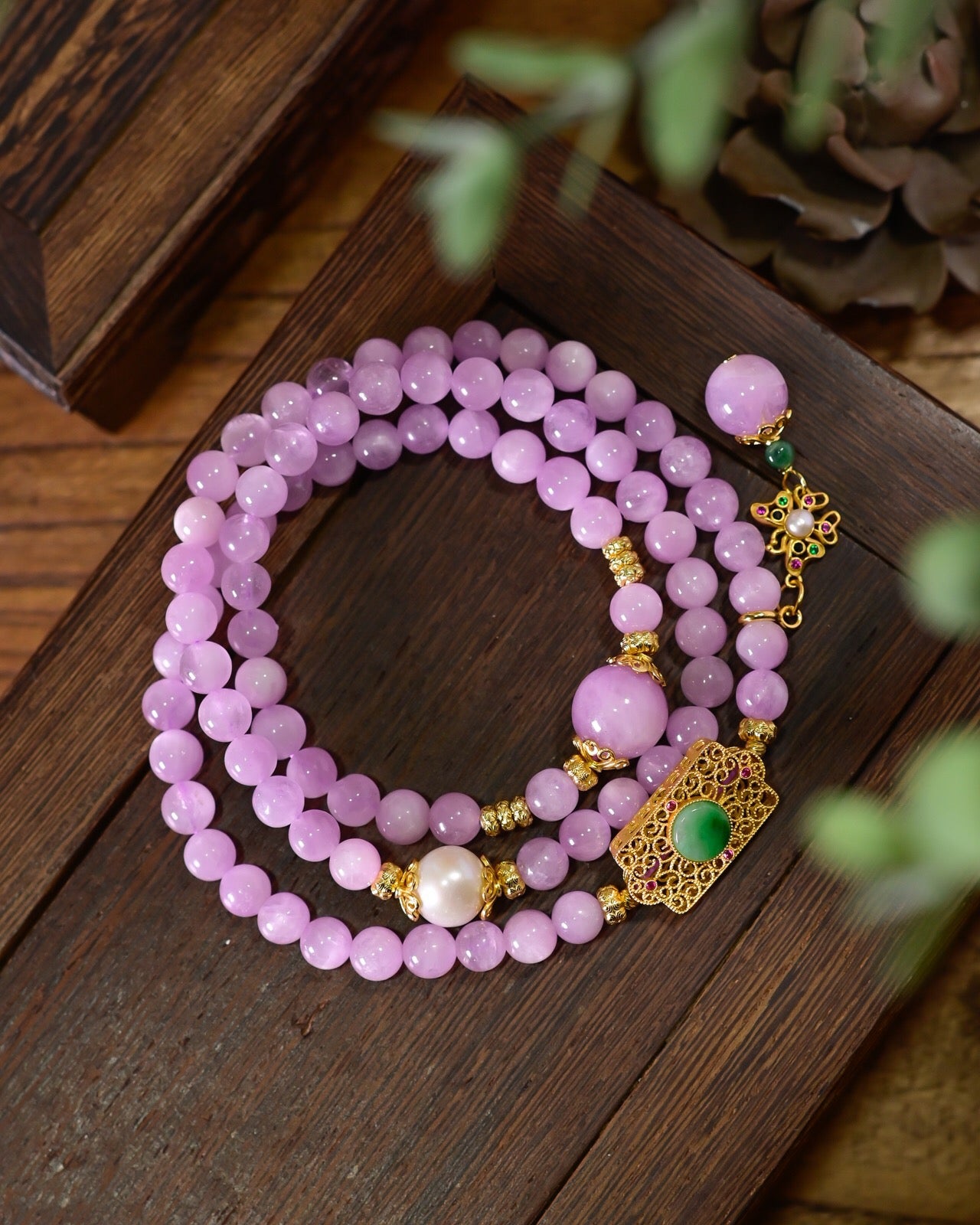 6.3mm Lepidolite 3-Layer Bracelet | Freshwater Pearl with 925 Silver Gold-Plated Jade Pendant