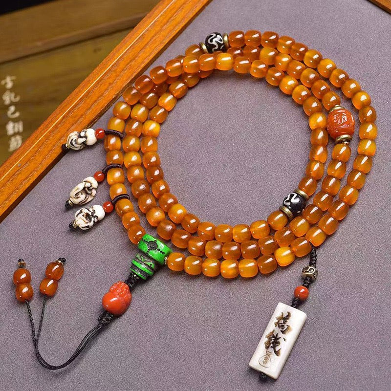108 Golden Tortoise Mala Beads – Natural Tibetan Multi-Layer Prayer Bracelet with Agate & Recycled Yak Bone