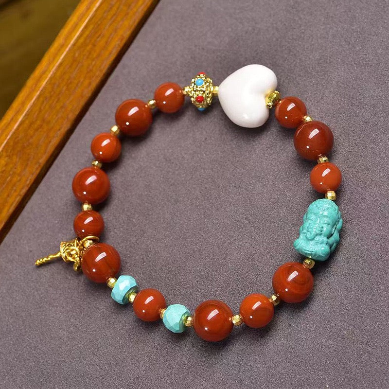 Agate Red 10mm Bead Bracelet – Single Strand with Rose Quartz & Turquoise Accents