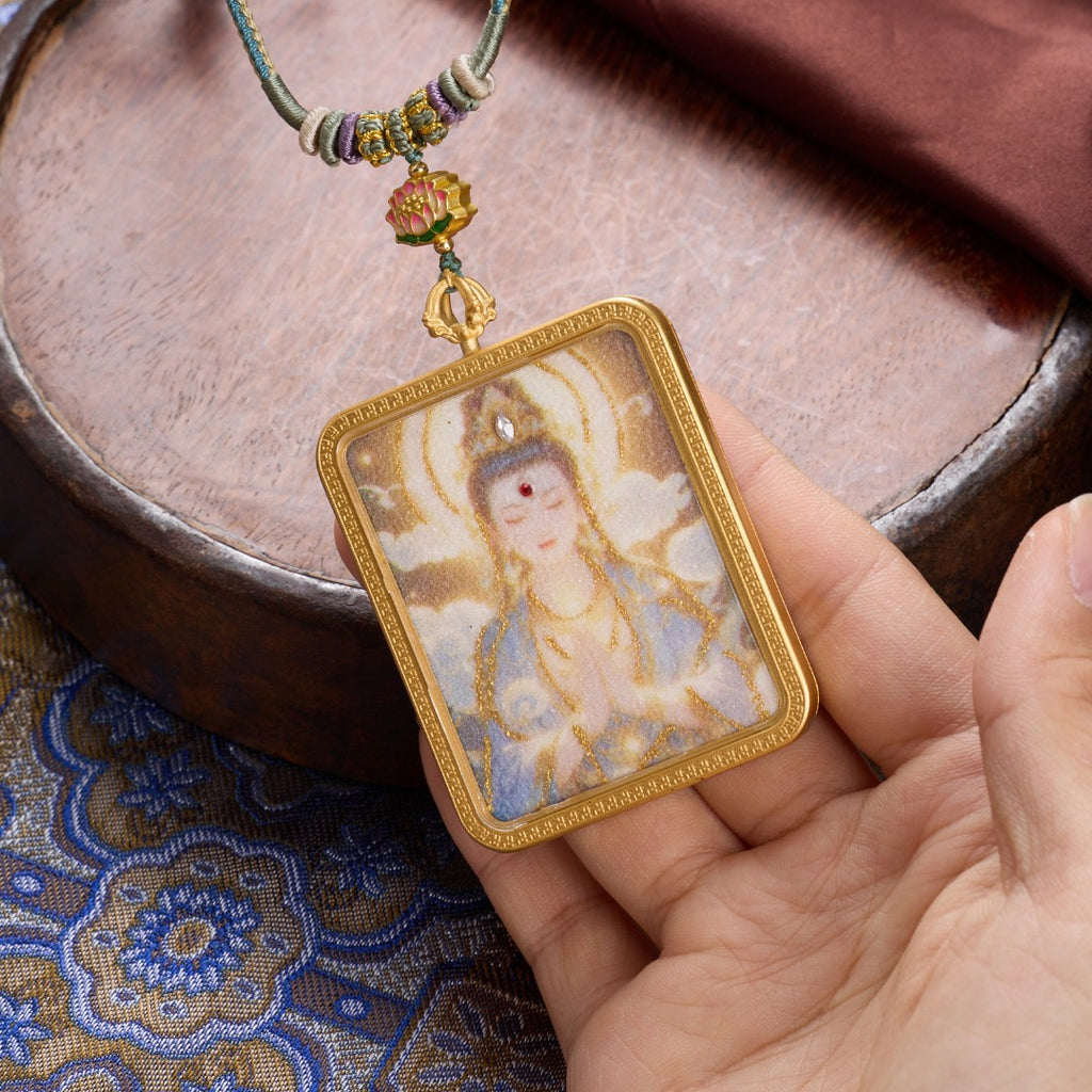 Titanium Frame Gemstone & Mineral Gold-Painted Thangka Necklace with Enamel Lotus (4x5mm, Handmade Cord)