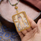 Titanium Frame Gemstone & Mineral Gold-Painted Thangka Necklace with Enamel Lotus (4x5mm, Handmade Cord)