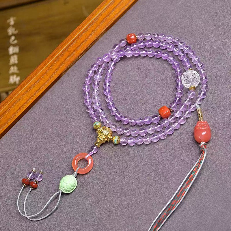 Natural 5.5mm Amethyst 108 Beads Necklace with Pixiu, Clear Quartz, Dzi & Turquoise