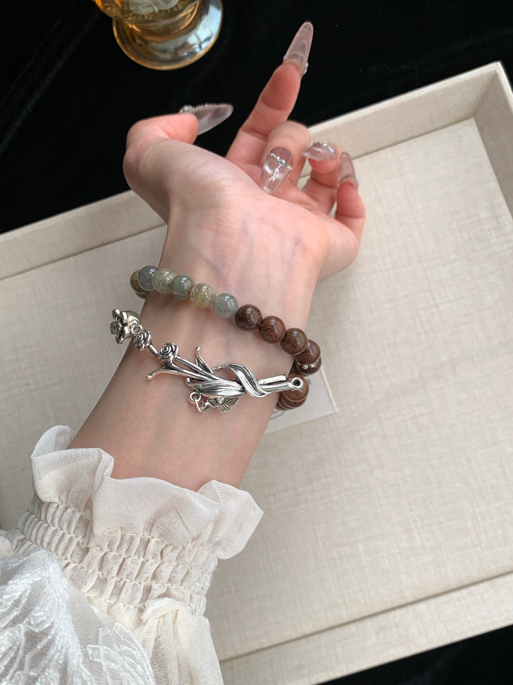 Evergreen – Green Phantom, Sandalwood & Turquoise Crystal Double Bracelet