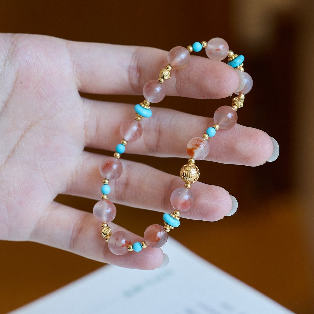 8mm Ice-Floating South Red Agate + Turquoise + Gold-Plated Copper Blessing Bead Bracelet