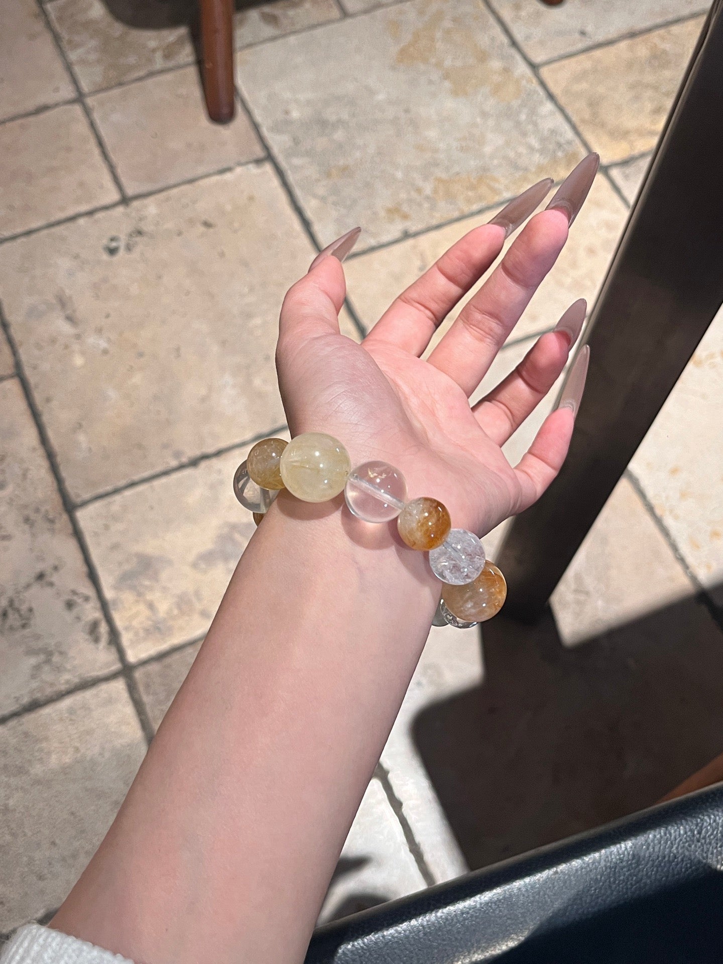 Autumn Vibe Crystal Bracelet | Golden Resin Flower, White Phantom, White Agate, Yellow Tower Quartz, Clear Quartz & White Shell Pearl | 10–18mm