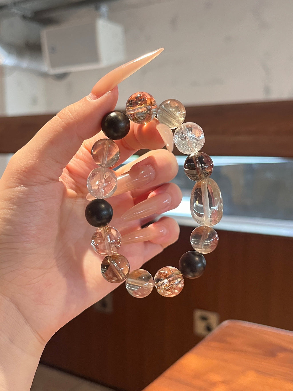 Smoky Quartz, Agarwood, Clear Quartz & Gold-Foil Resin Flower Crystal Bracelet | 12–13mm