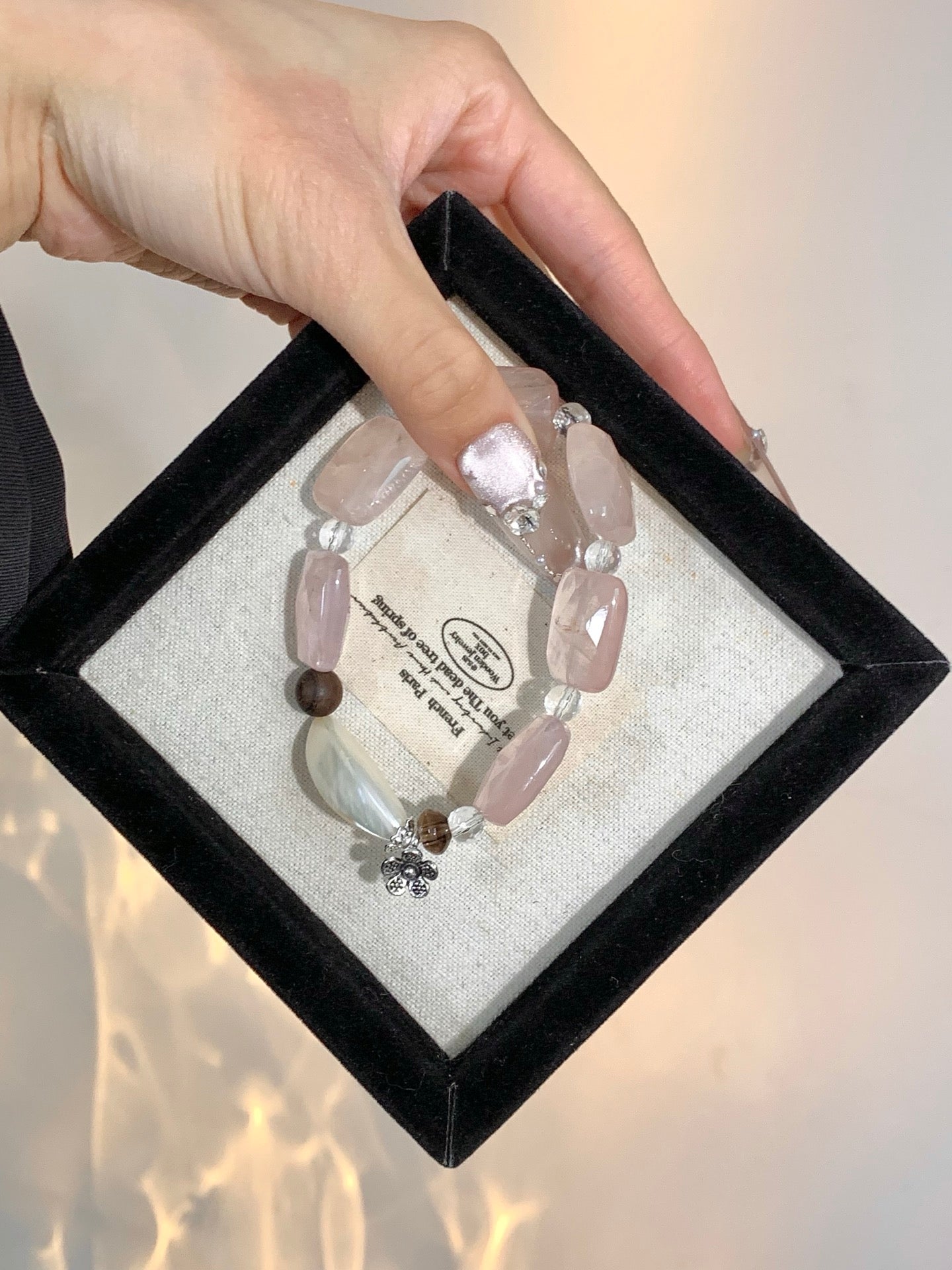 Pink Mailbox – Rose Quartz, Smoky Quartz & Agarwood Crystal Bracelet