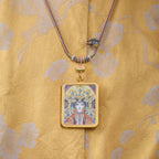 Titanium Frame Gemstone & Mineral Gold-Painted Thangka Necklace with Enamel Lotus (4x5mm, Handmade Cord)
