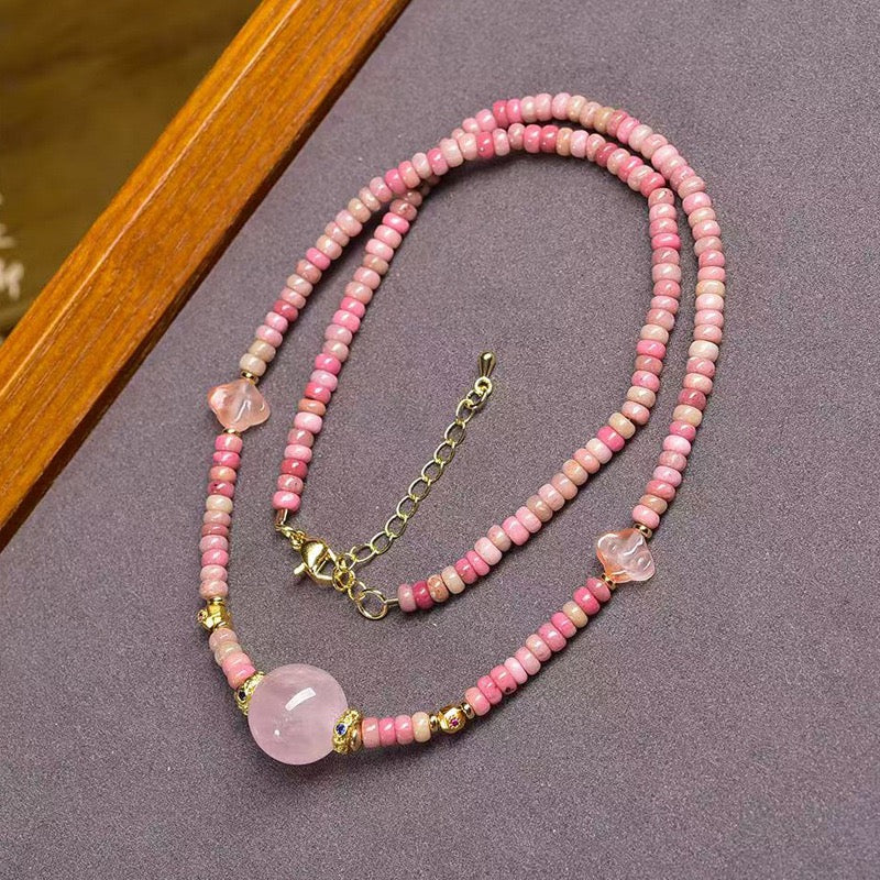 Natural Rhodochrosite Necklace for Women | Rose Quartz Pendant with Red Agate Cloud Accent – Dainty Luxury Clavicle Chain