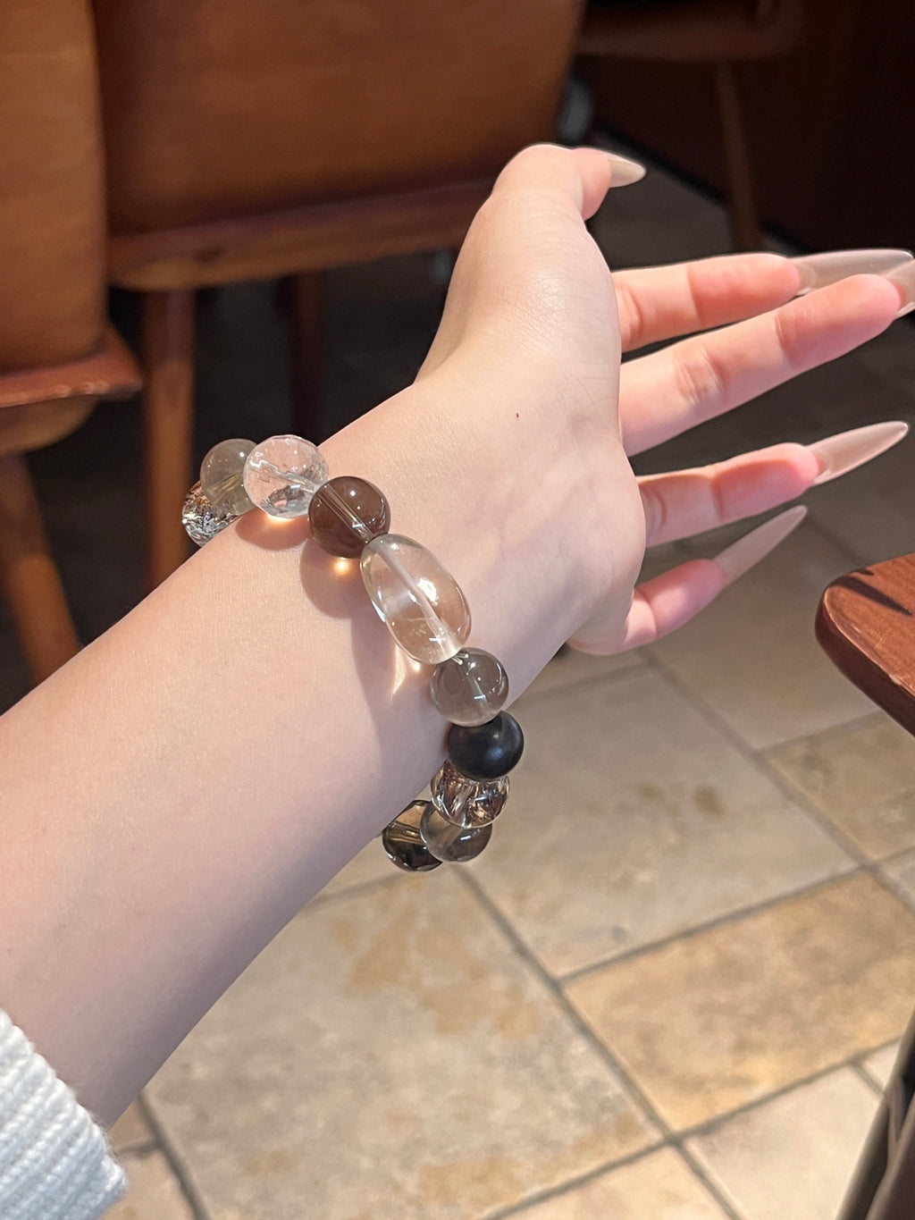 Smoky Quartz, Agarwood, Clear Quartz & Gold-Foil Resin Flower Crystal Bracelet | 12–13mm