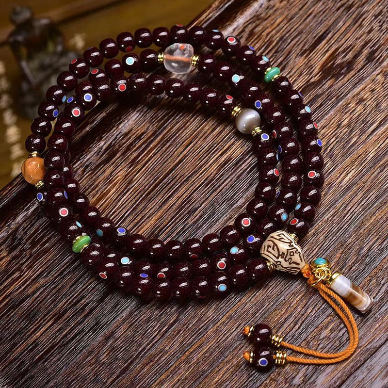 108 Natural Bodhi Mala Beads – Cinnabar Inlaid Star & Moon Beads bracelet necklace