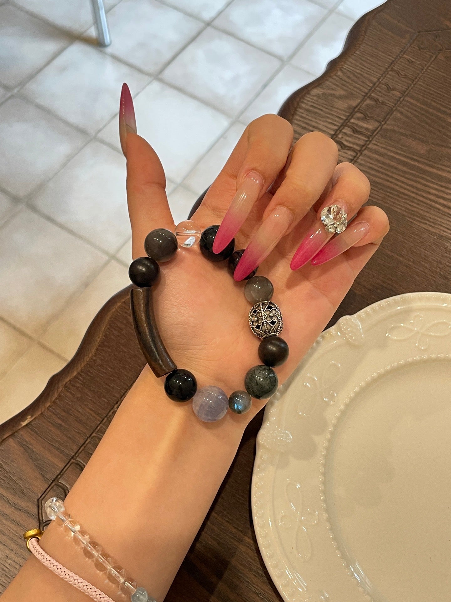 Moonlit Woods Crystal Bracelet | Sandalwood, Moonstone, Black Rutilated Quartz, Obsidian, Fluorite & Clear Quartz | 8–14mm