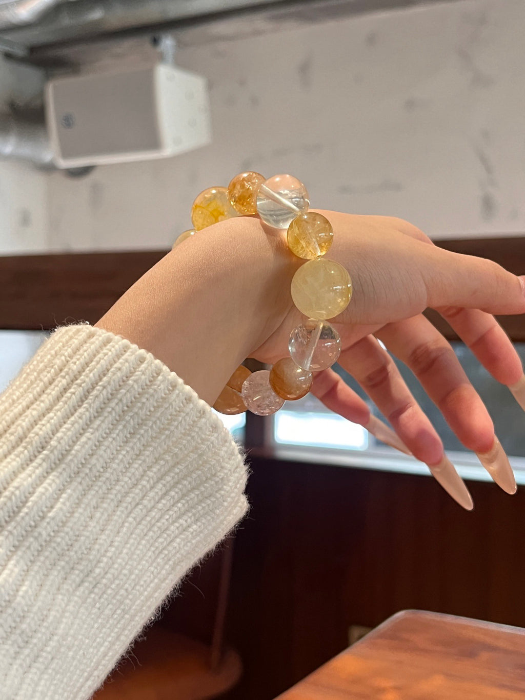 Autumn Vibe Crystal Bracelet | Golden Resin Flower, White Phantom, White Agate, Yellow Tower Quartz, Clear Quartz & White Shell Pearl | 10–18mm