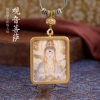 Titanium Frame Gemstone & Mineral Gold-Painted Thangka Necklace with Enamel Lotus (4x5mm, Handmade Cord)