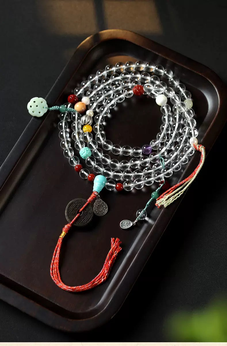 8mm 108-White Crystal Buddhist Mala Beads Bracelet Necklace