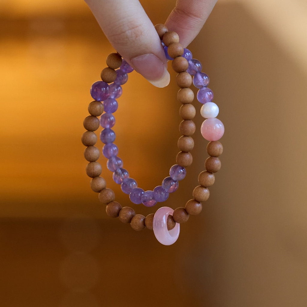 6mm Barbie Sandalwood & Amethyst Double-Layer Bracelet
