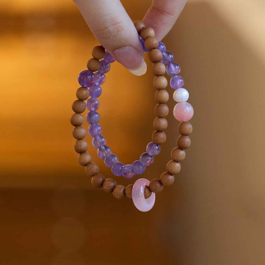 6mm Barbie Sandalwood & Amethyst Double-Layer Bracelet