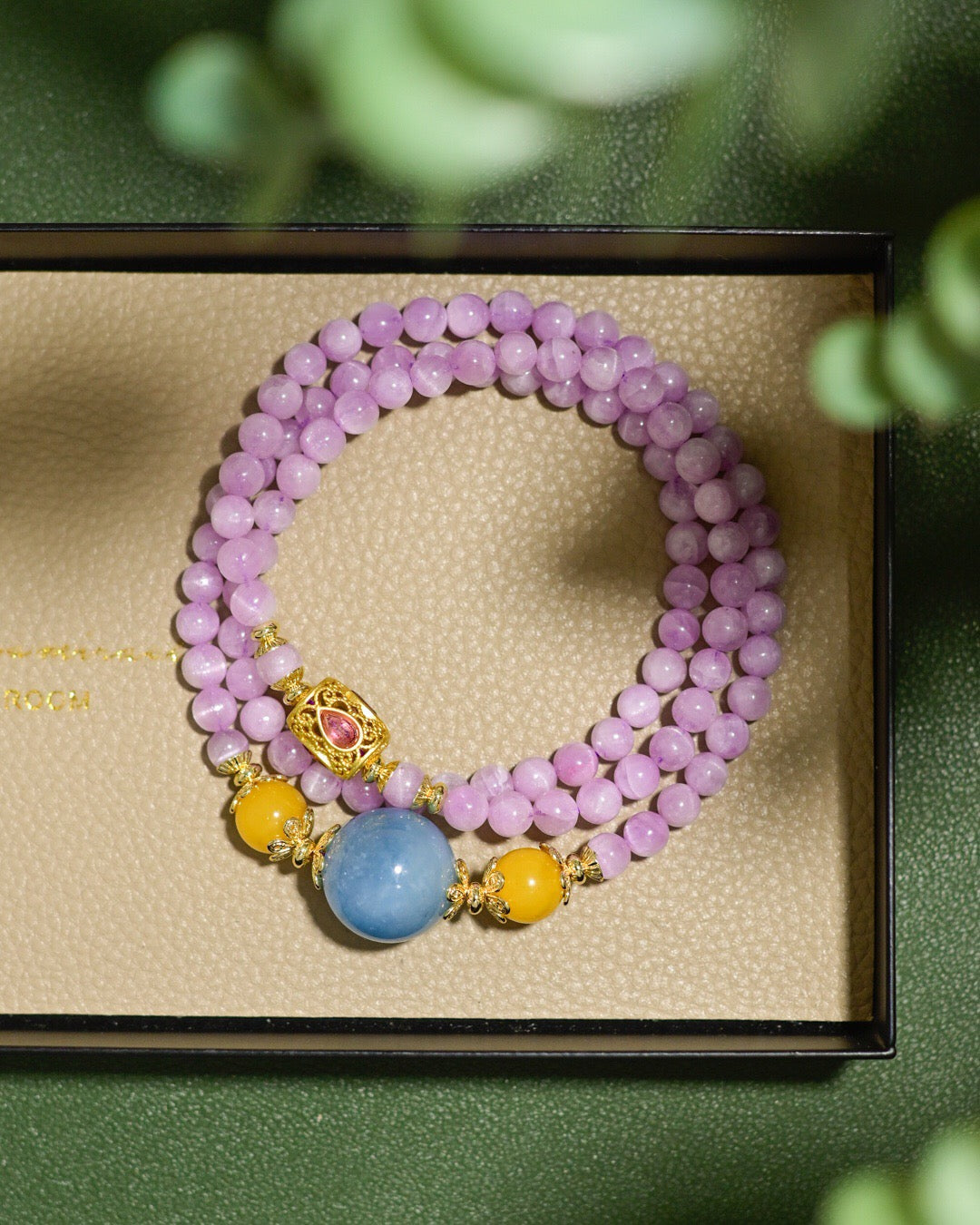 Natural Amber, Aquamarine & Lepidolite Bracelet | 5.3mm Beads with 925 Gold-Plated Tourmaline Charm