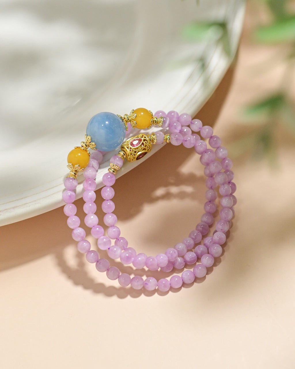 Natural Amber, Aquamarine & Lepidolite Bracelet | 5.3mm Beads with 925 Gold-Plated Tourmaline Charm