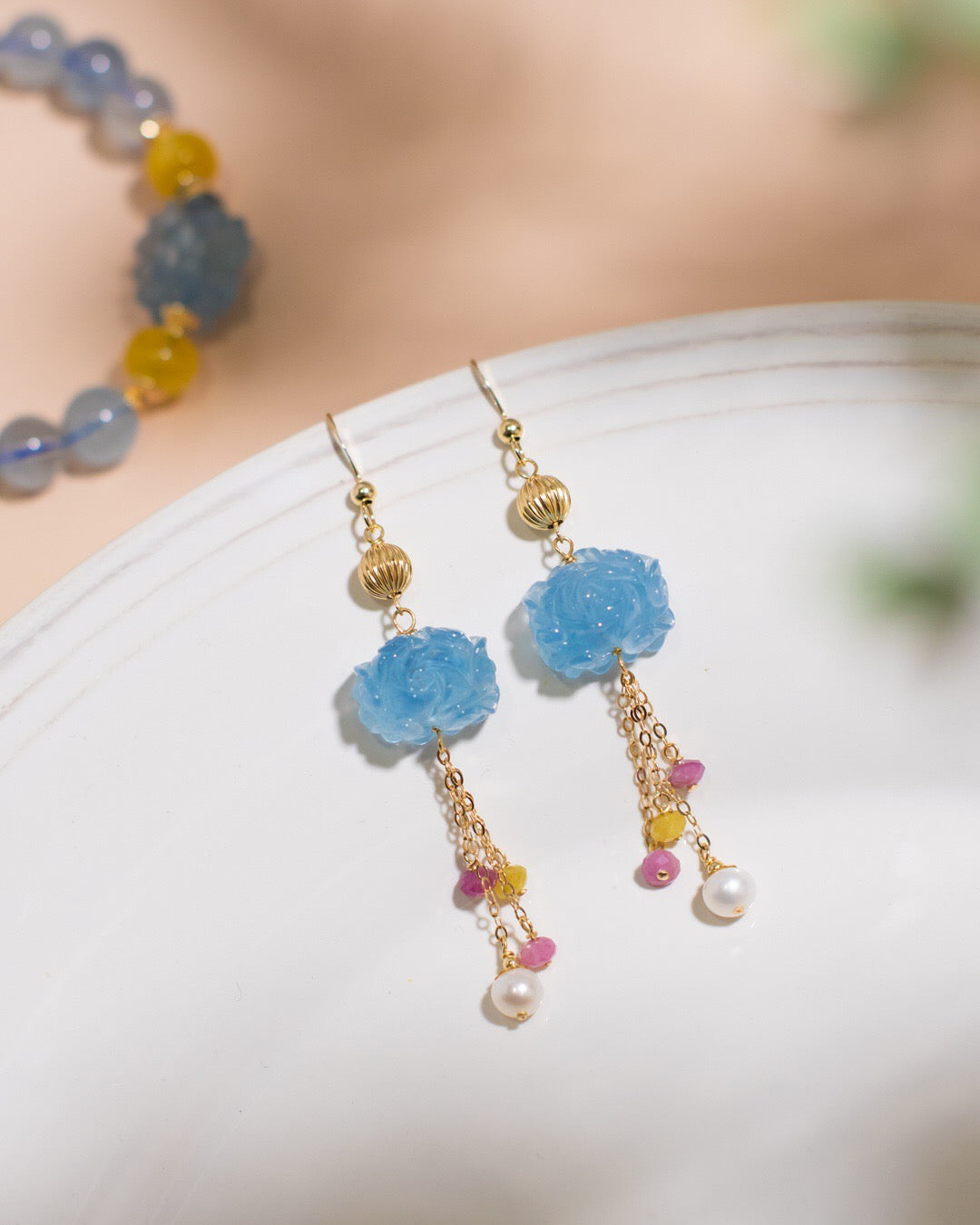 Natural Aquamarine & Bicolor Tourmaline Tassel Earrings | 14k Gold-Filled Chain