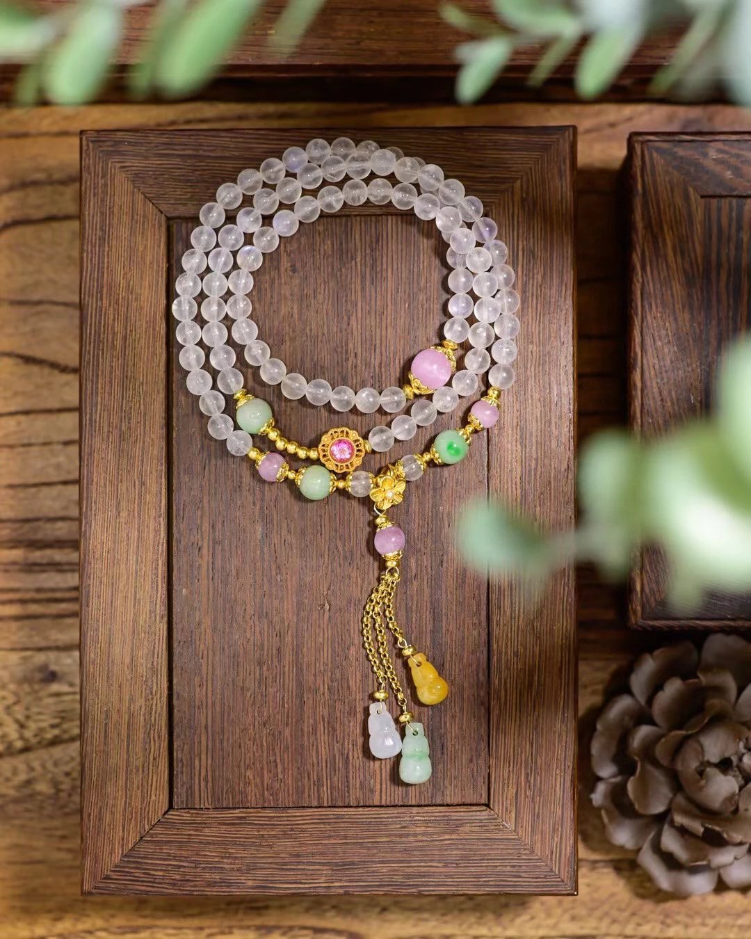 108-Bead Blue Moonstone Bracelet Necklace | Lepidolite & Gourd Pendant for Triple Protection